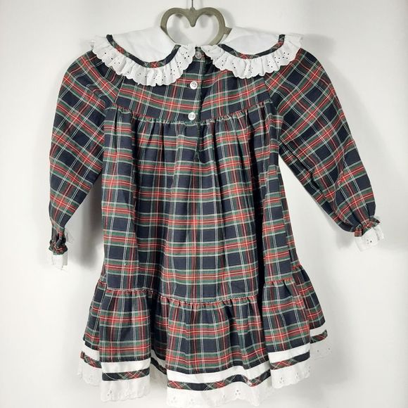 Vintage Winnie The Pooh Plaid Dress Girls 5 Bishop Eyelet Lace Collar Prarie USA - Picture 2 of 6